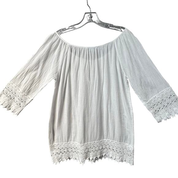 Blue Island Lace Border Sleeves and Hem Long Sleeve Swim Cover-Up  Women S White - Picture 4 of 10